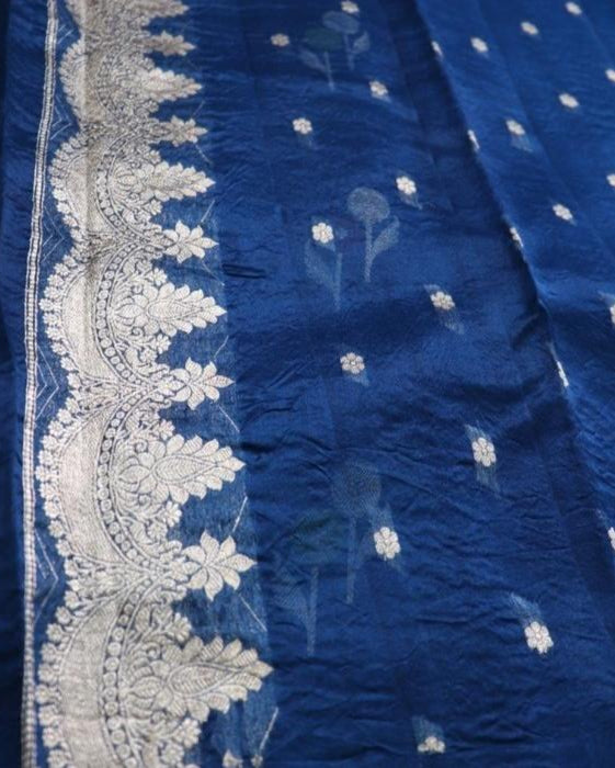 Navy Blue Pure Handloom Kora Silk Banarasi Saree