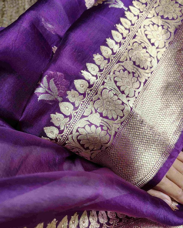 Deep Purple Pure Handloom Organza Silk Banarasi Saree
