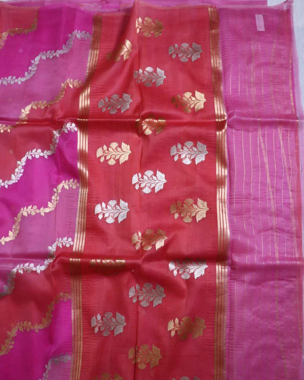 Pink Rangkat Pure Handloom Kora Silk Banarasi Saree