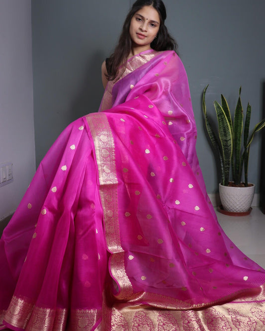Dual shade Pink Pure Handloom Kora Silk Banarasi Saree