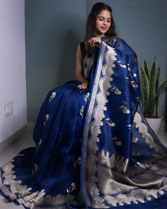 Navy Blue Pure Handloom Kora Silk Banarasi Saree