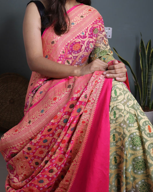 Rangkaat Pure Khadi Georgette Bandhani Saree.