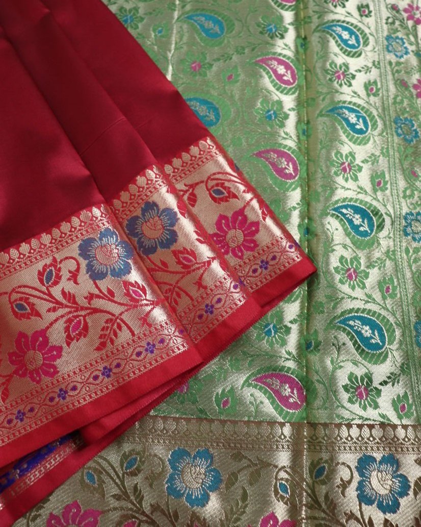 Red and Green Banarasi Silk Saree