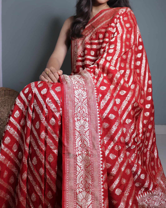 Red Khadi Georgette Saree