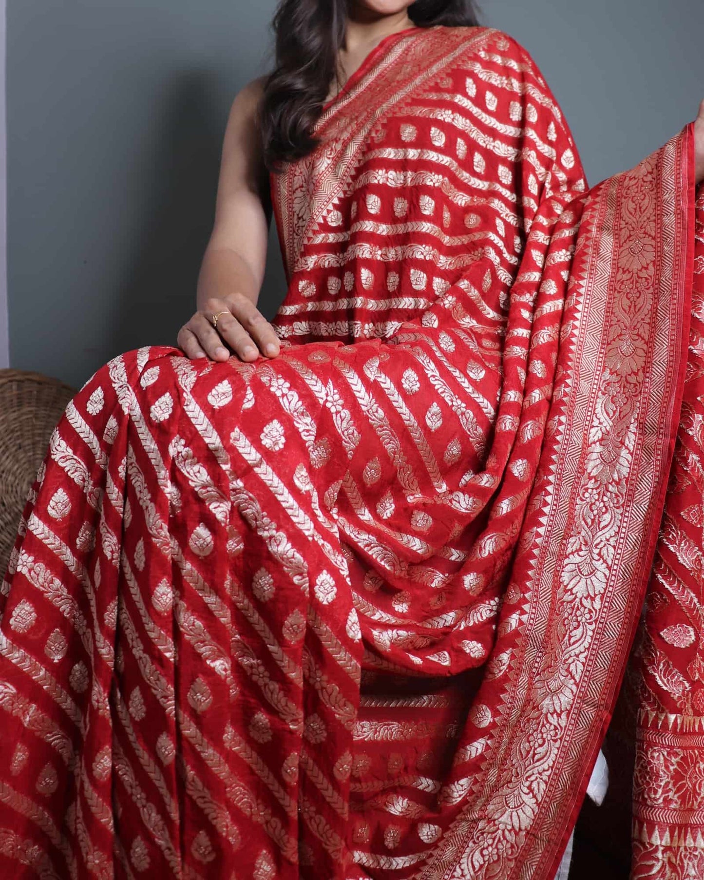 Red Khadi Georgette Saree
