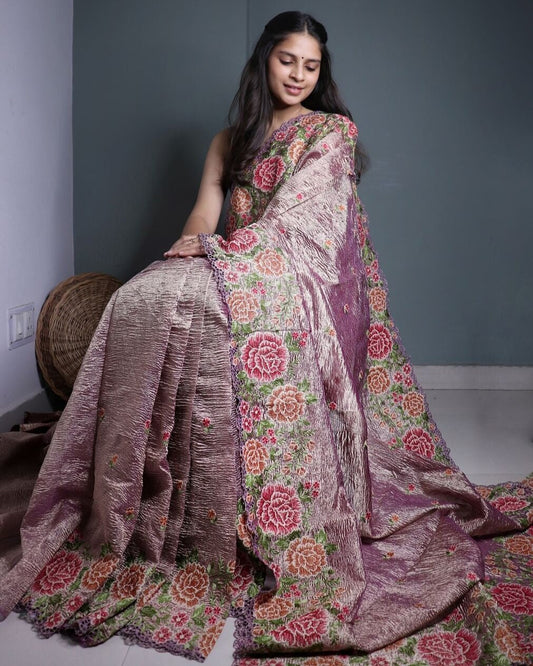 Onion Tissue Silk Embroidered Saree