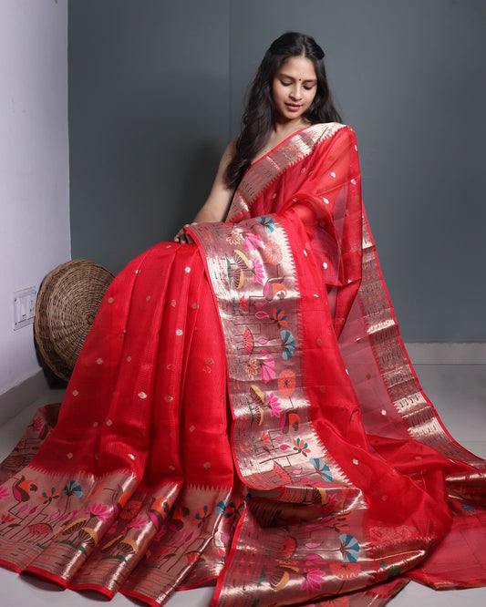 Red Pure Kota Silk Banarasi Paithni Saree