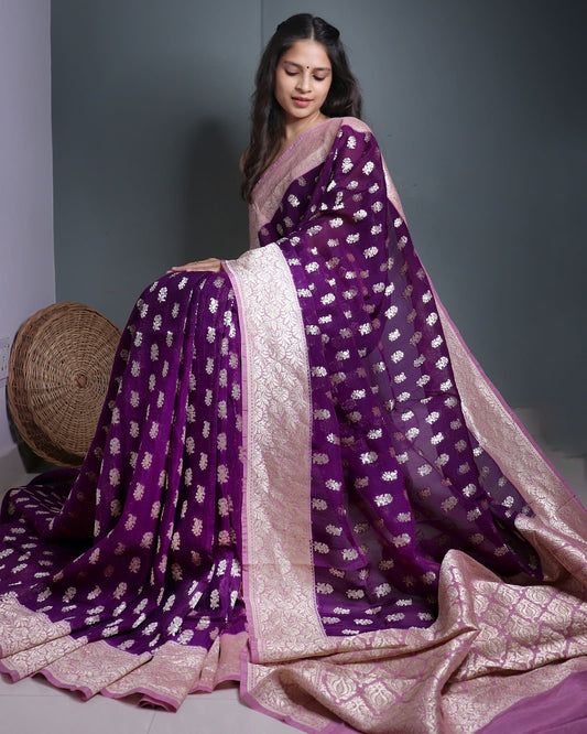 Deep Purple Khadi Georgette Butta Saree