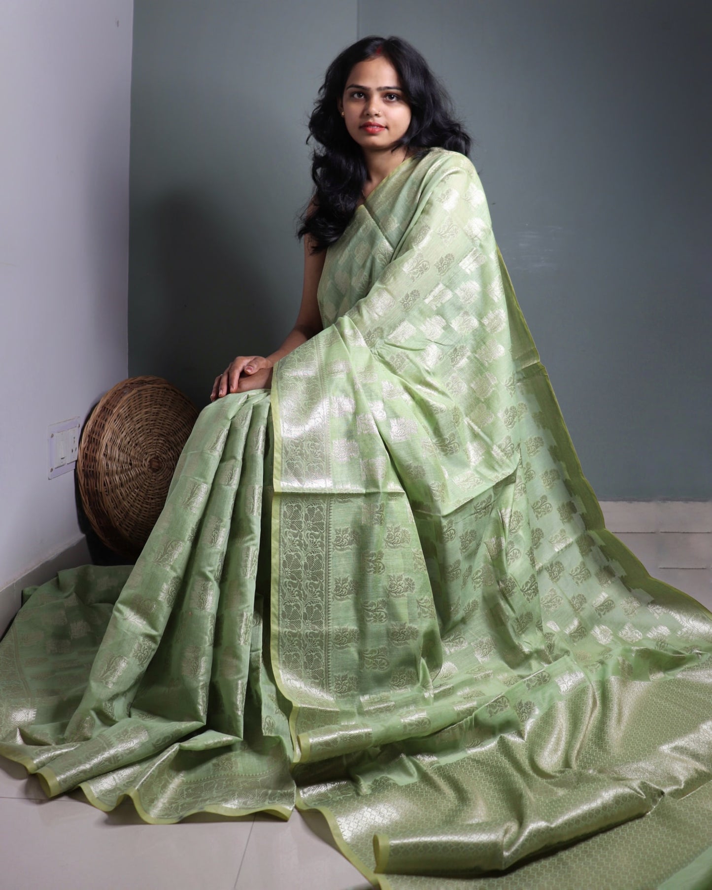 Pastel Green Semi Monga Silk Banarasi Saree