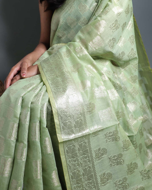 Pastel Green Semi Monga Silk Banarasi Saree