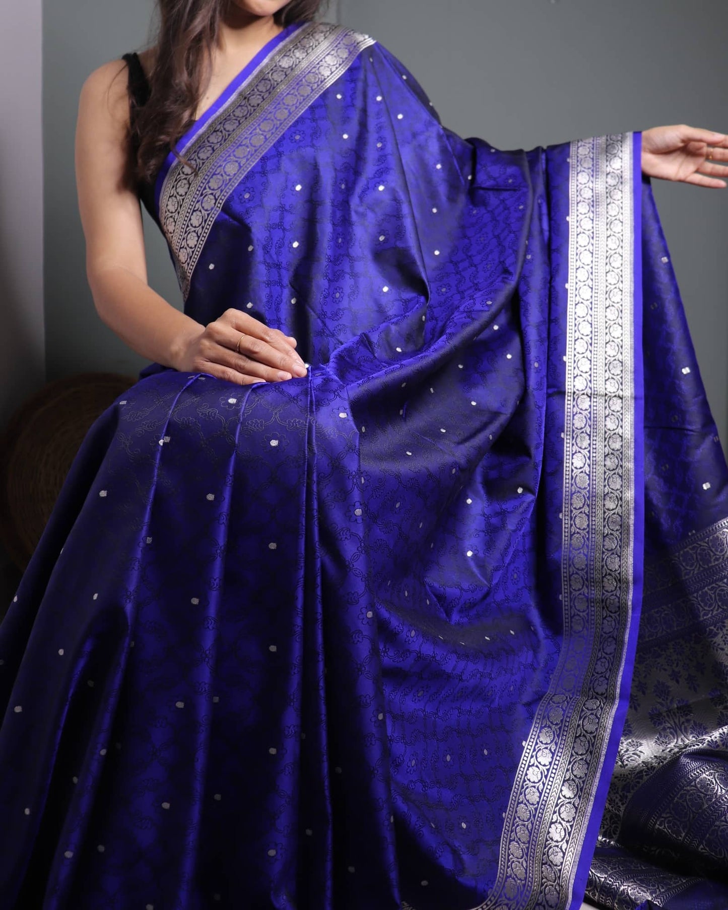 Navy Semi Blue Mashru Banarasi Silk Saree