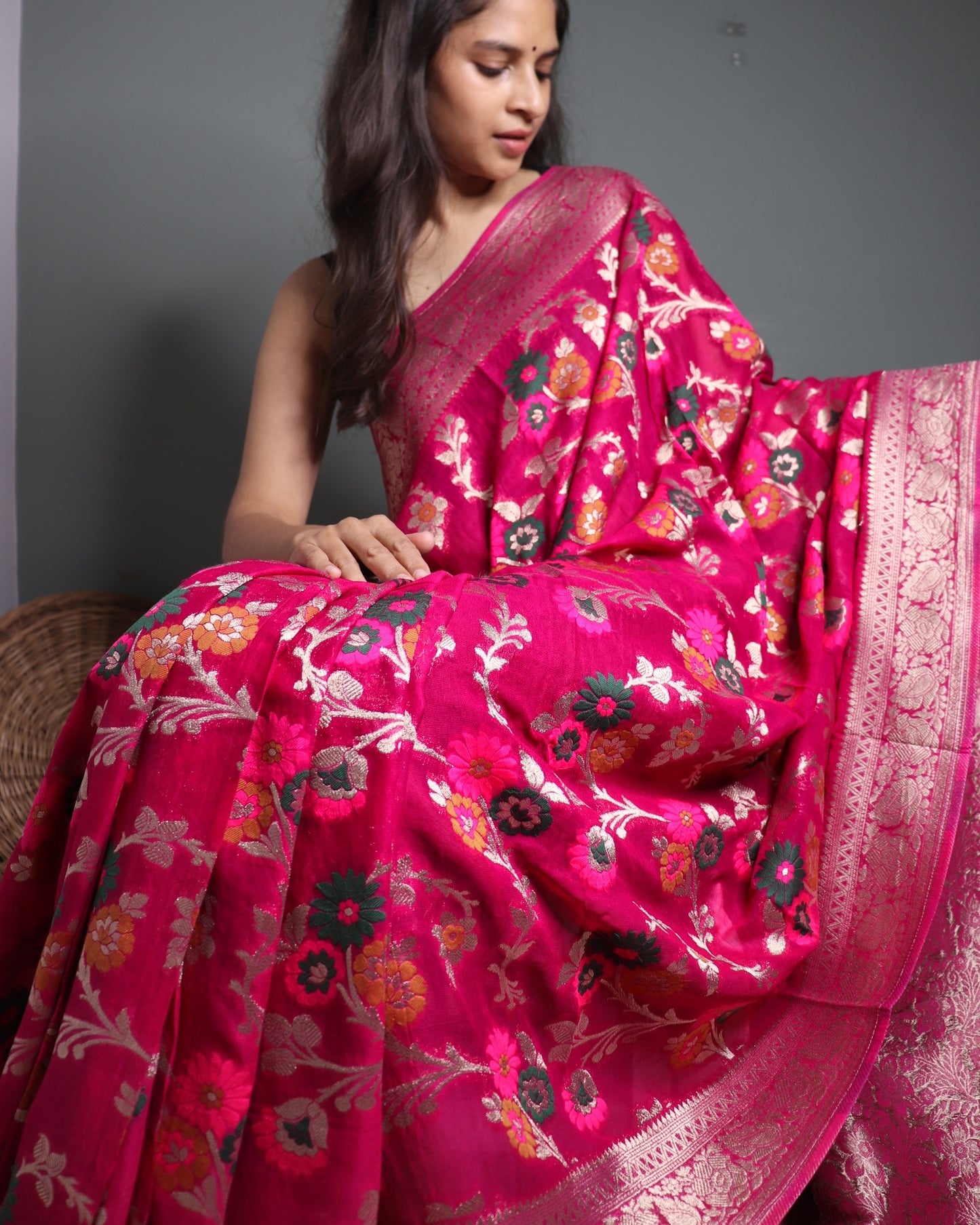 Pink Georgette Banarasi Saree Meenakari Jaal Pattern