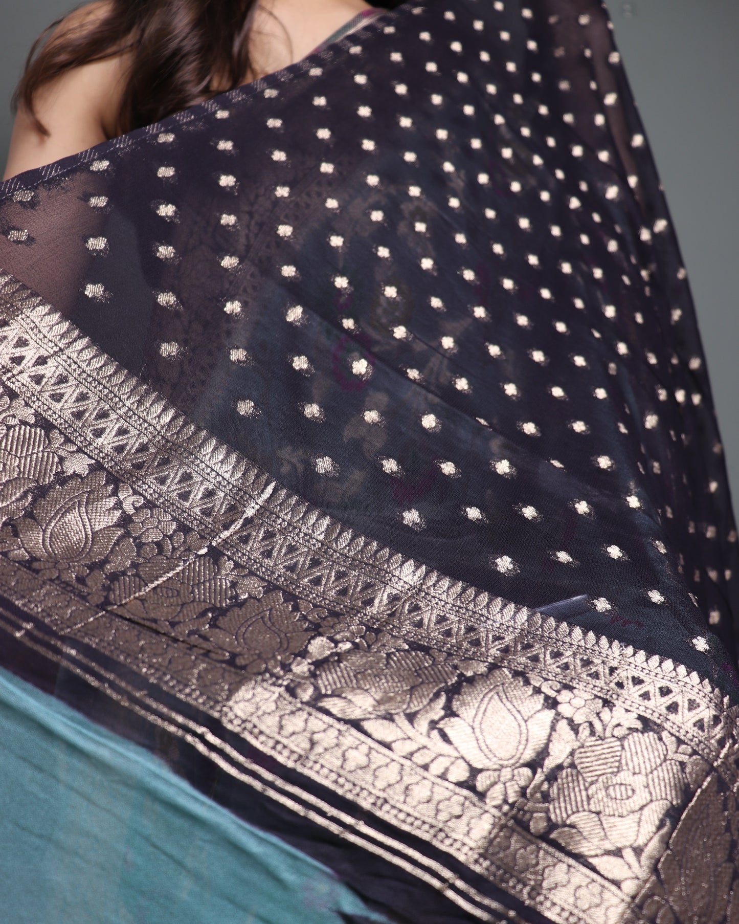Ash Blue Georgette Banarasi Saree  Meenakari Jaal Pattern