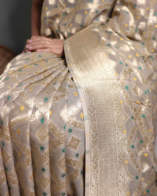 Grey Georgette Banarasi Saree Meenakari Bandhini Pattern