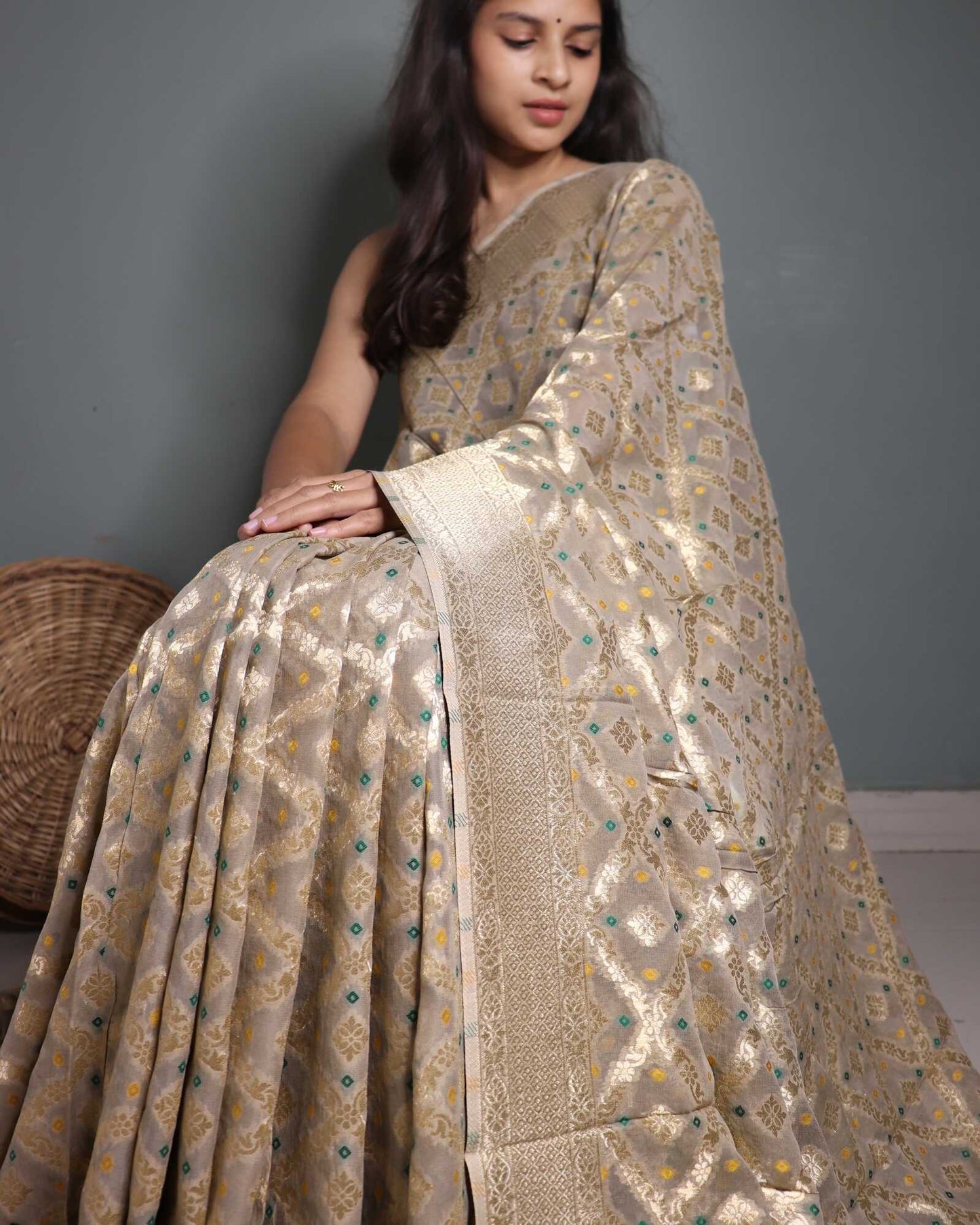 Grey Georgette Banarasi Saree Meenakari Bandhini Pattern