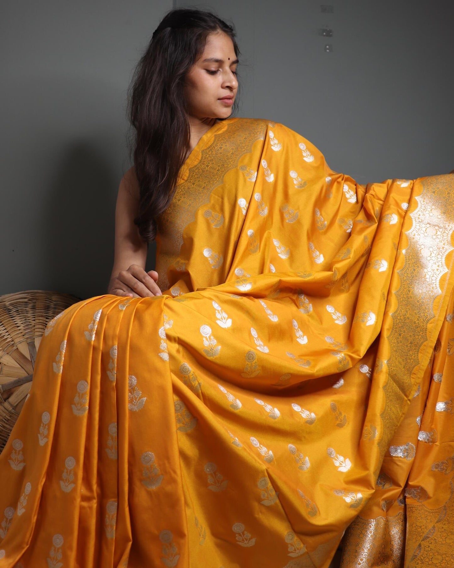 Mustard Semi Banarasi Mashru Silk saree
