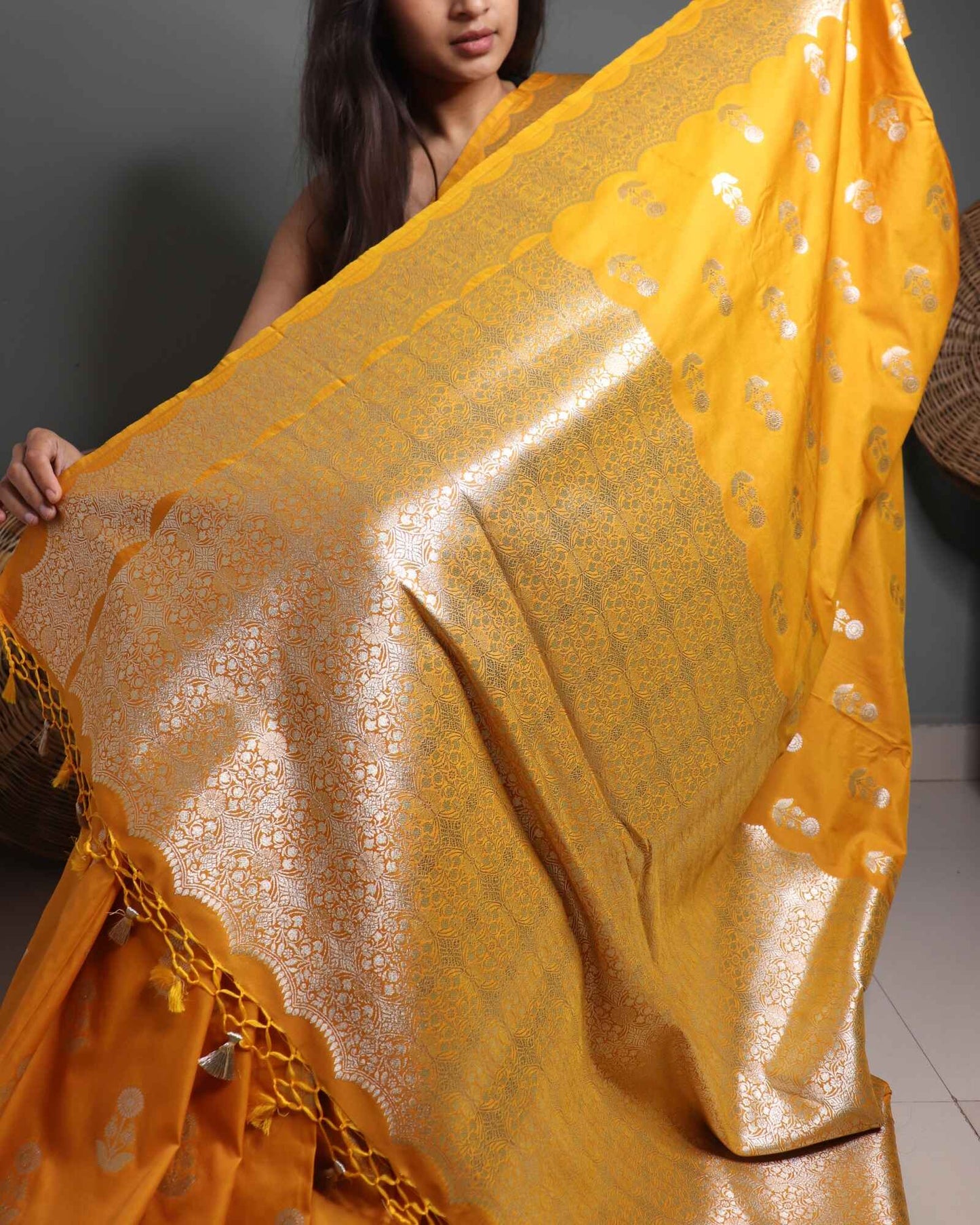 Mustard Semi Banarasi Mashru Silk saree