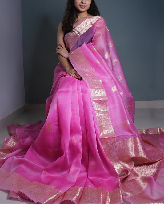 Pastel Pink Pure Handloom Kora Silk Banarasi Saree