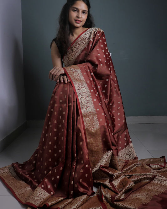 Brown Resham Buti Saree