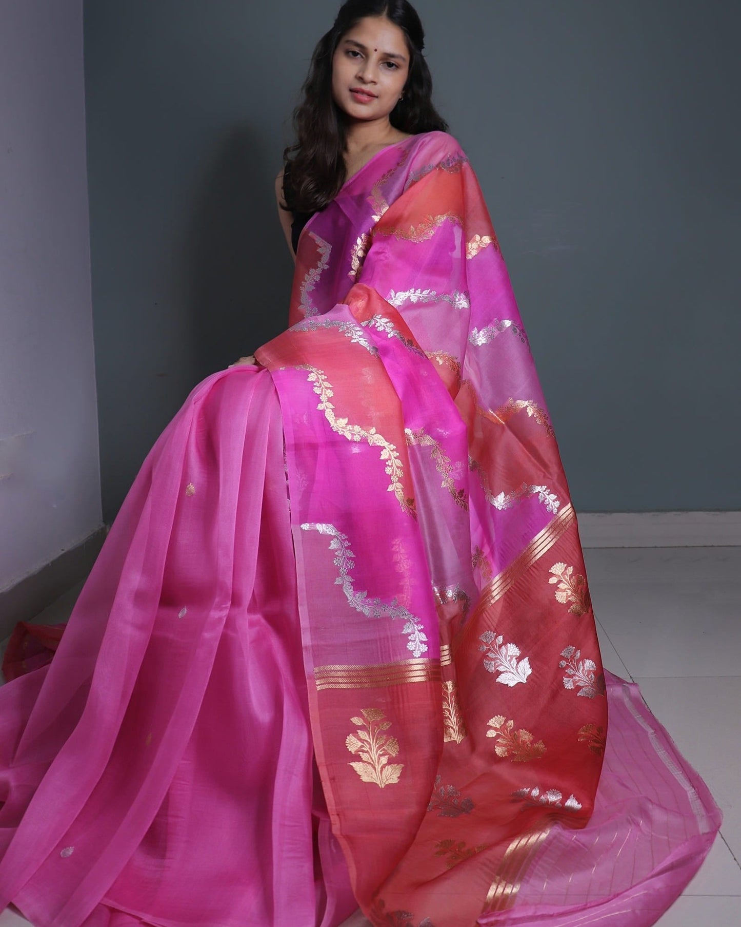 Pink Rangkat Pure Handloom Kora Silk Banarasi Saree