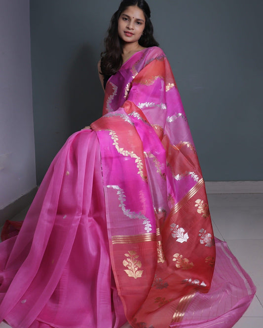 Pink Rangkat Pure Handloom Kora Silk Banarasi Saree