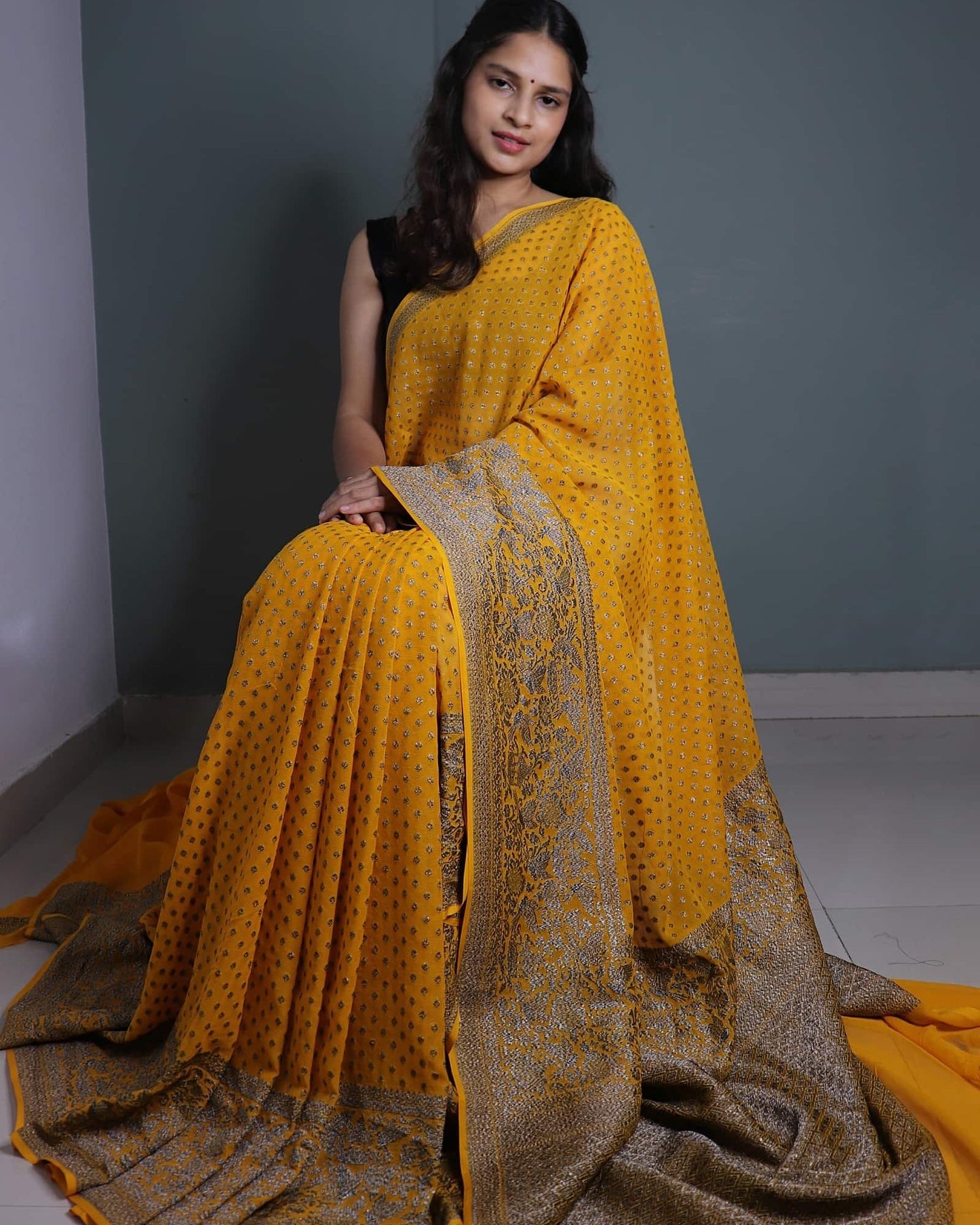Yellow Pure Khadi Georgette Saree