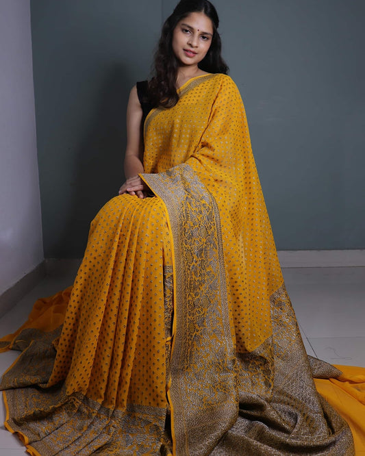 Yellow Pure Khadi Georgette Saree
