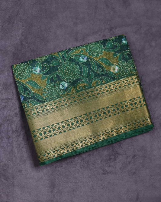 Bottle Green Cotton Printed Saree