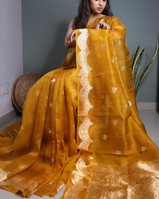 Mustard Pure Handloom Kora Silk Banarasi Saree