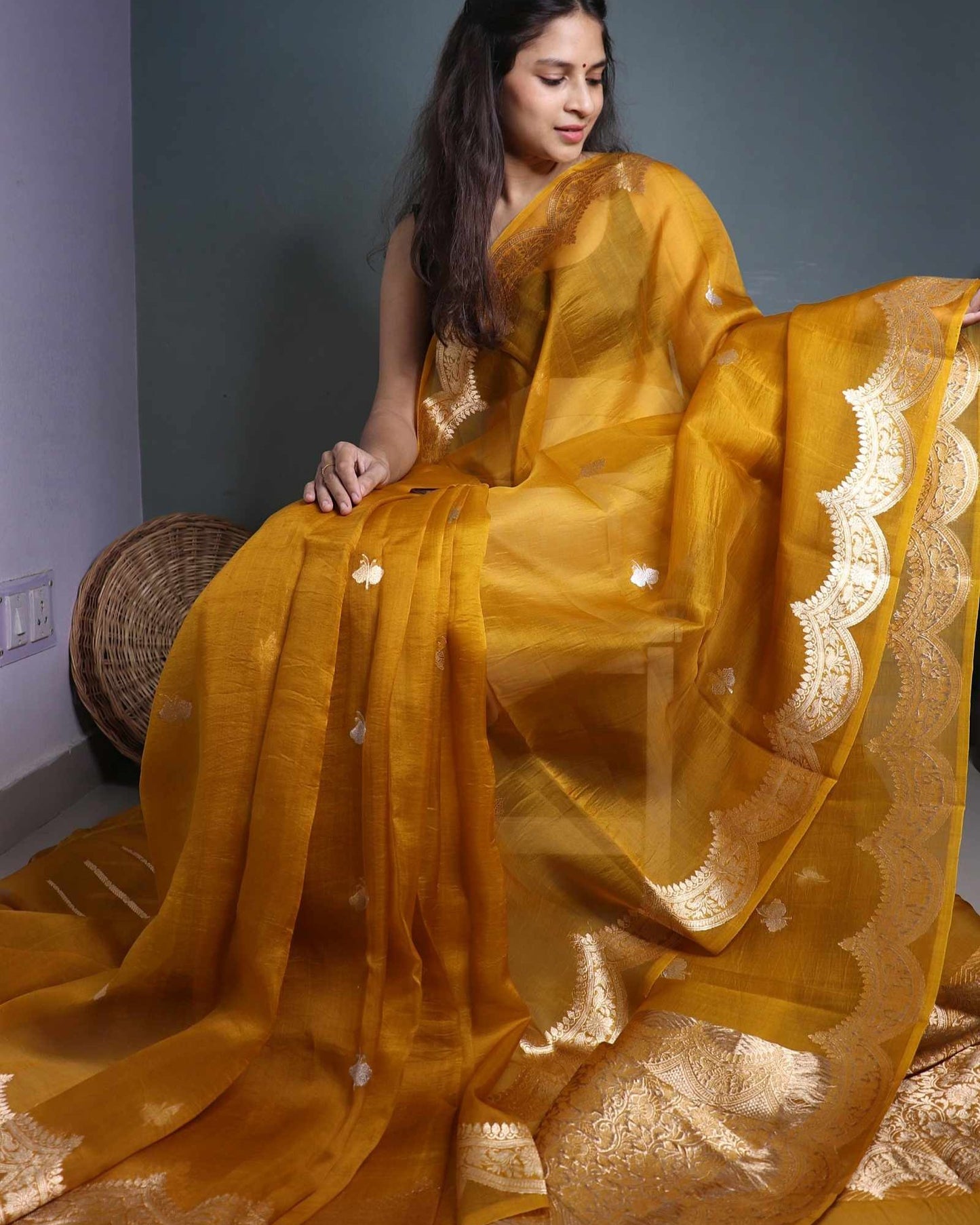 Mustard Pure Handloom Kora Silk Banarasi Saree