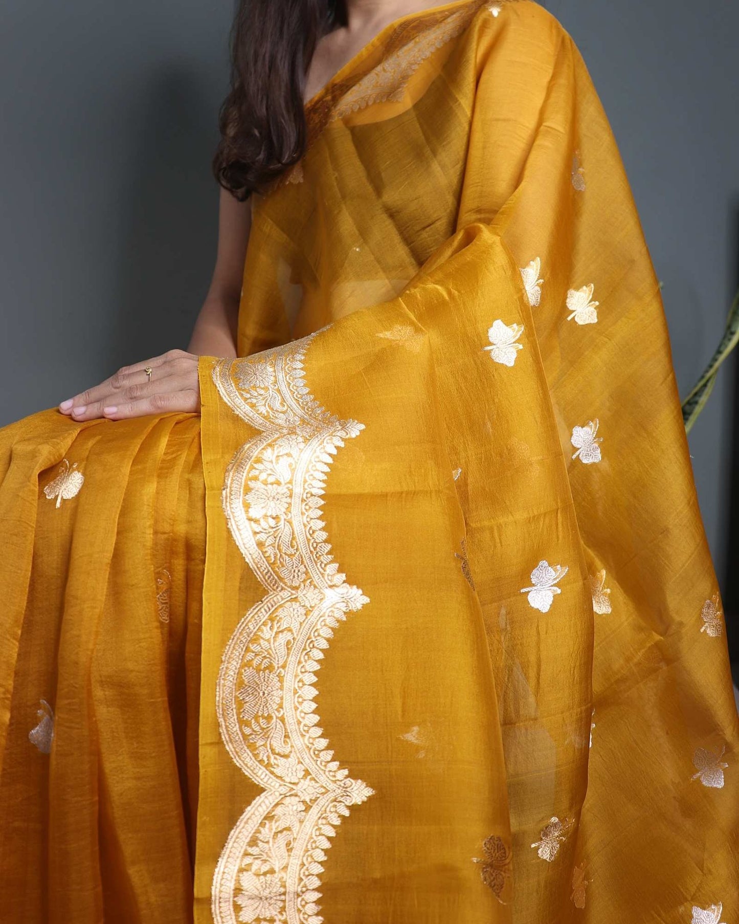 Mustard Pure Handloom Kora Silk Banarasi Saree