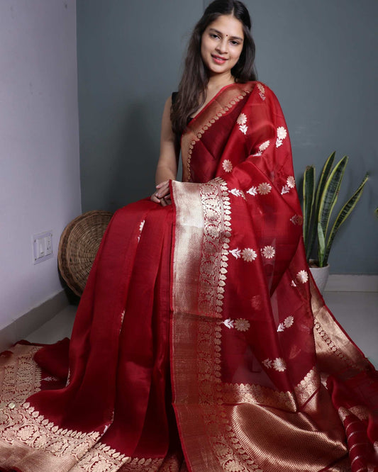 Maroon Pure Handloom Kora Silk Banarasi Saree